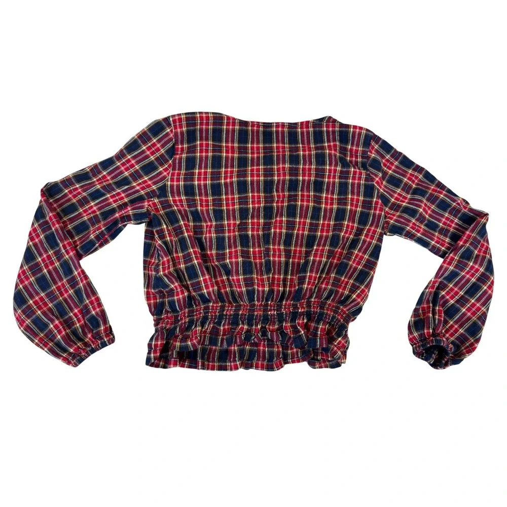 Old Navy Girls Red Navy Plaid Smocked Hem Long Sleeve Blouse Top L 10-12